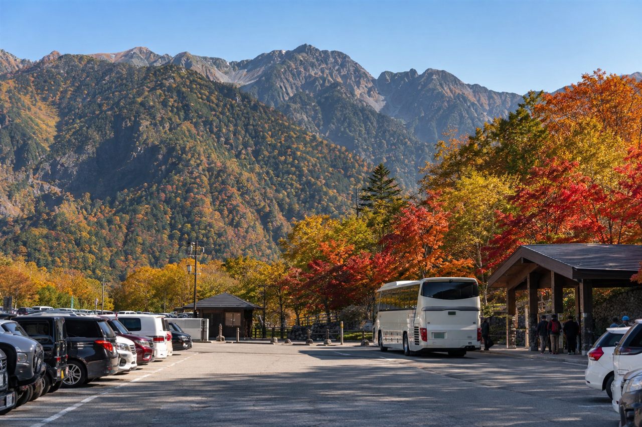 가을 산악 풍경 속 오기자와 주차장과 셔틀버스