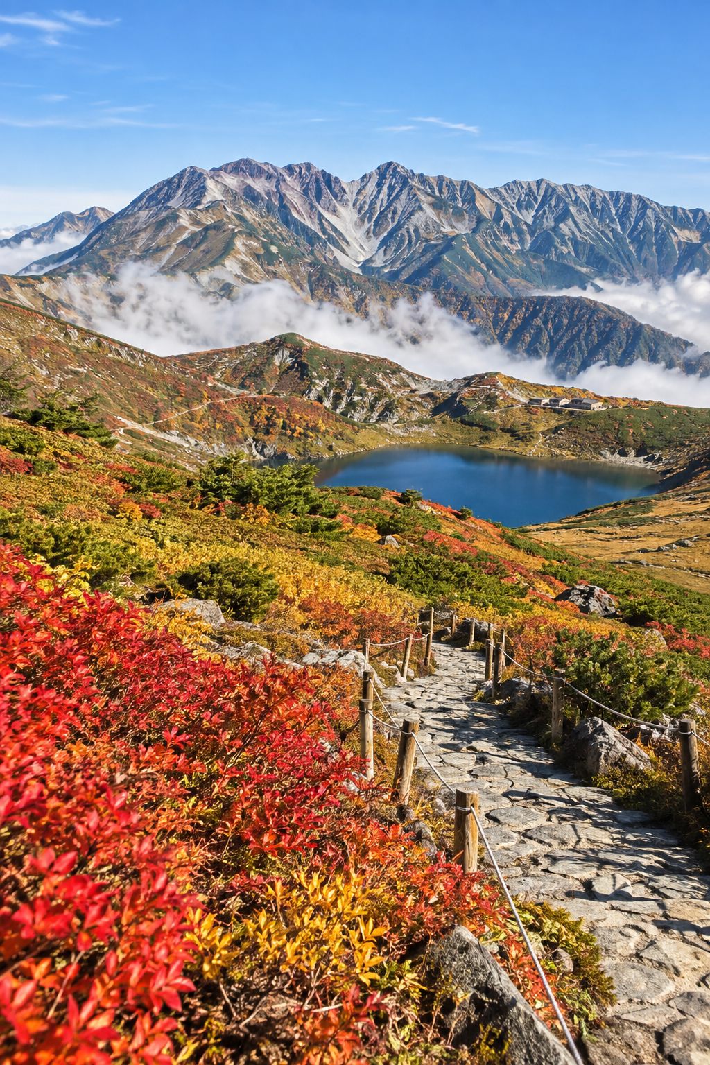 가을 단풍으로 물든 다테야마 구로베 알펜루트 산길과 산악 풍경