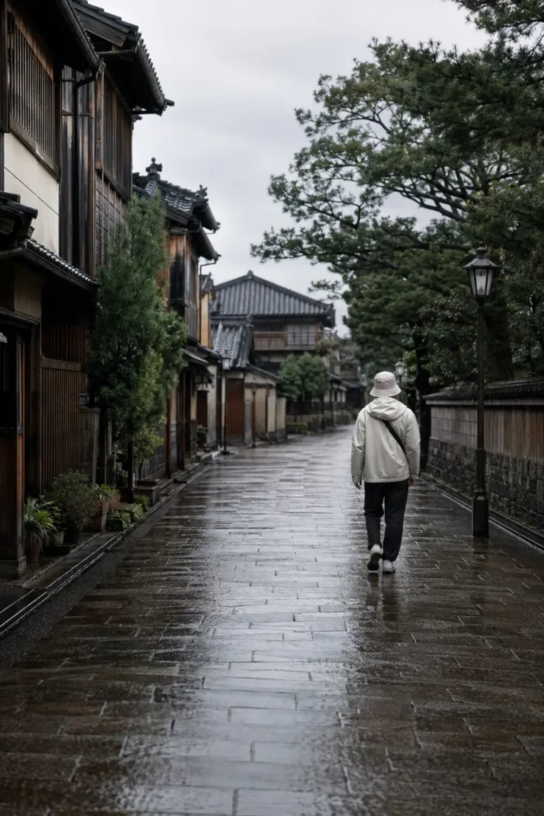 A rain-washed traditional street in Kanazawa with a traveler in simple rainwear.