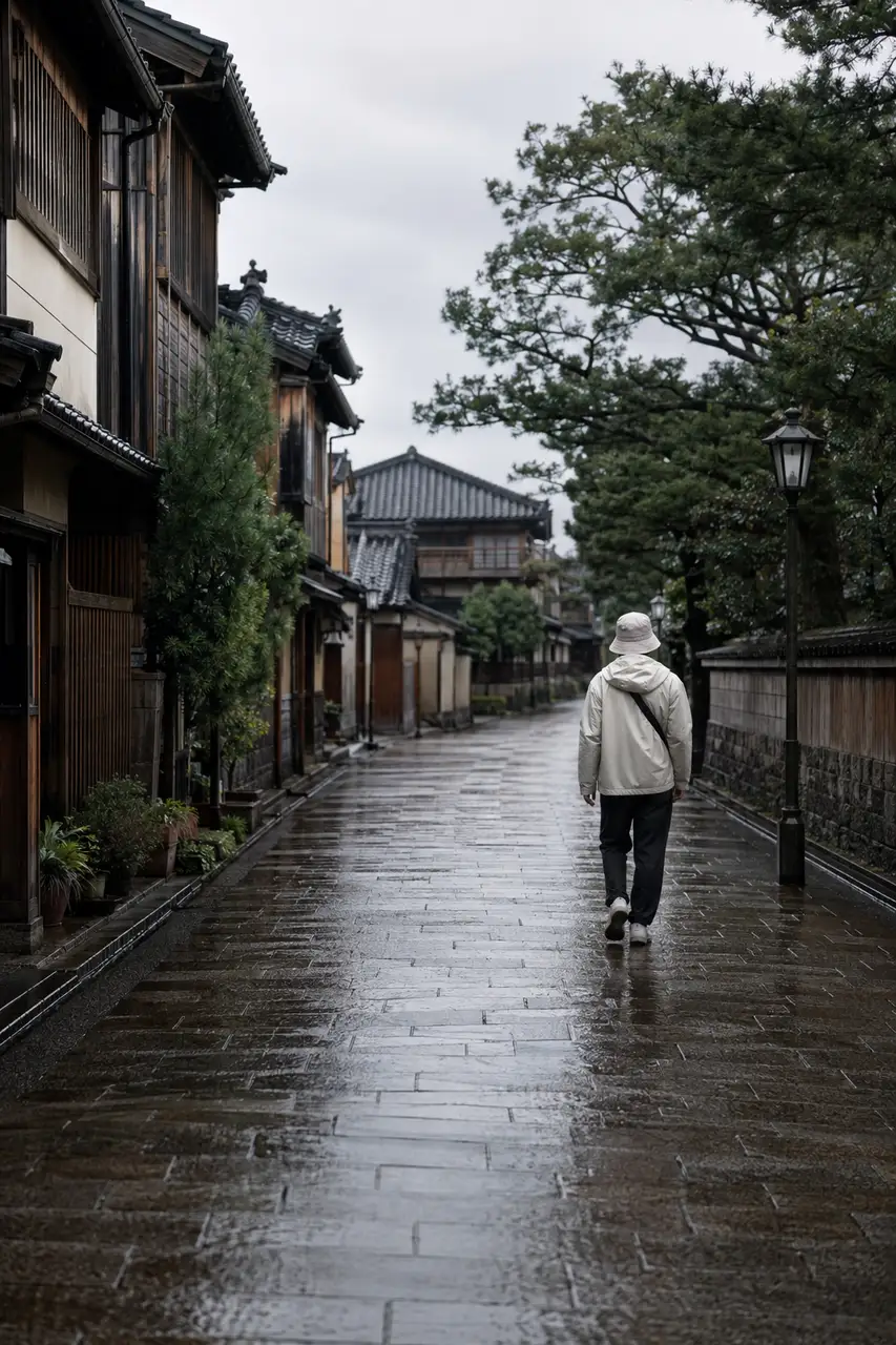 A rain-washed traditional street in Kanazawa with a traveler in simple rainwear.