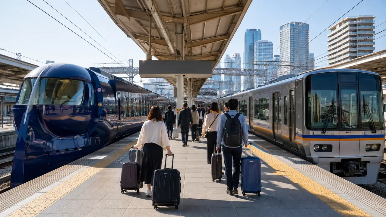 간사이공항 철도 플랫폼에서 두 공항 열차를 비교하는 여행객