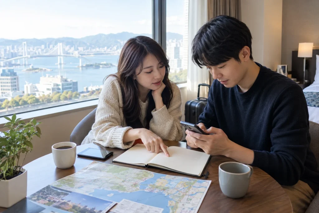 숙소에서 방문 일정과 구매 선택을 의논하는 여행 동행자들을 표현한 생성 이미지