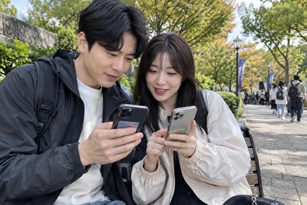 야외 벤치에서 일행의 휴대전화로 입장권 등록 준비를 확인하는 모습을 표현한 생성 이미지