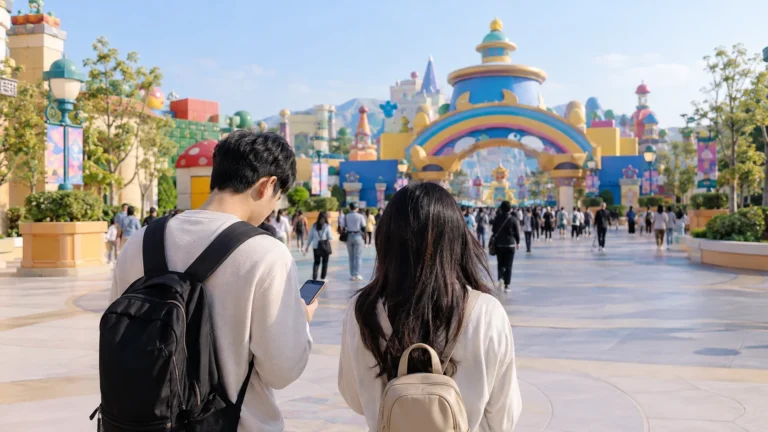 테마파크 입장 전 스마트폰을 확인하는 여행자들을 표현한 생성 이미지