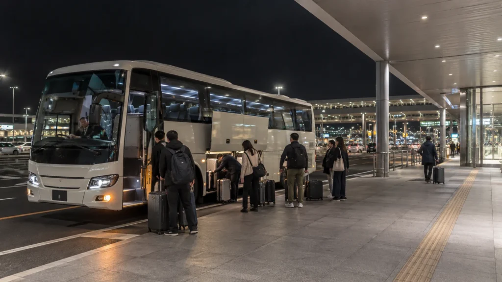 AI 생성 이미지로 표현한 공항 터미널 앞 리무진버스 승차 장면