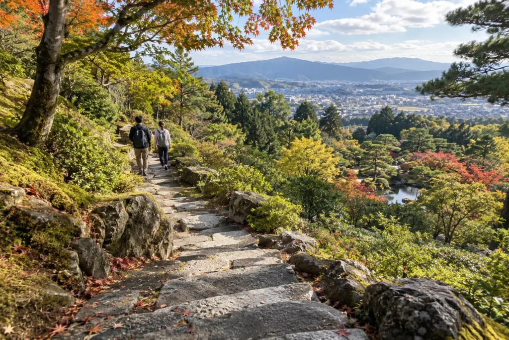 경사와 산책로가 있는 일본 정원의 분위기를 표현한 AI 생성 콘셉트 이미지