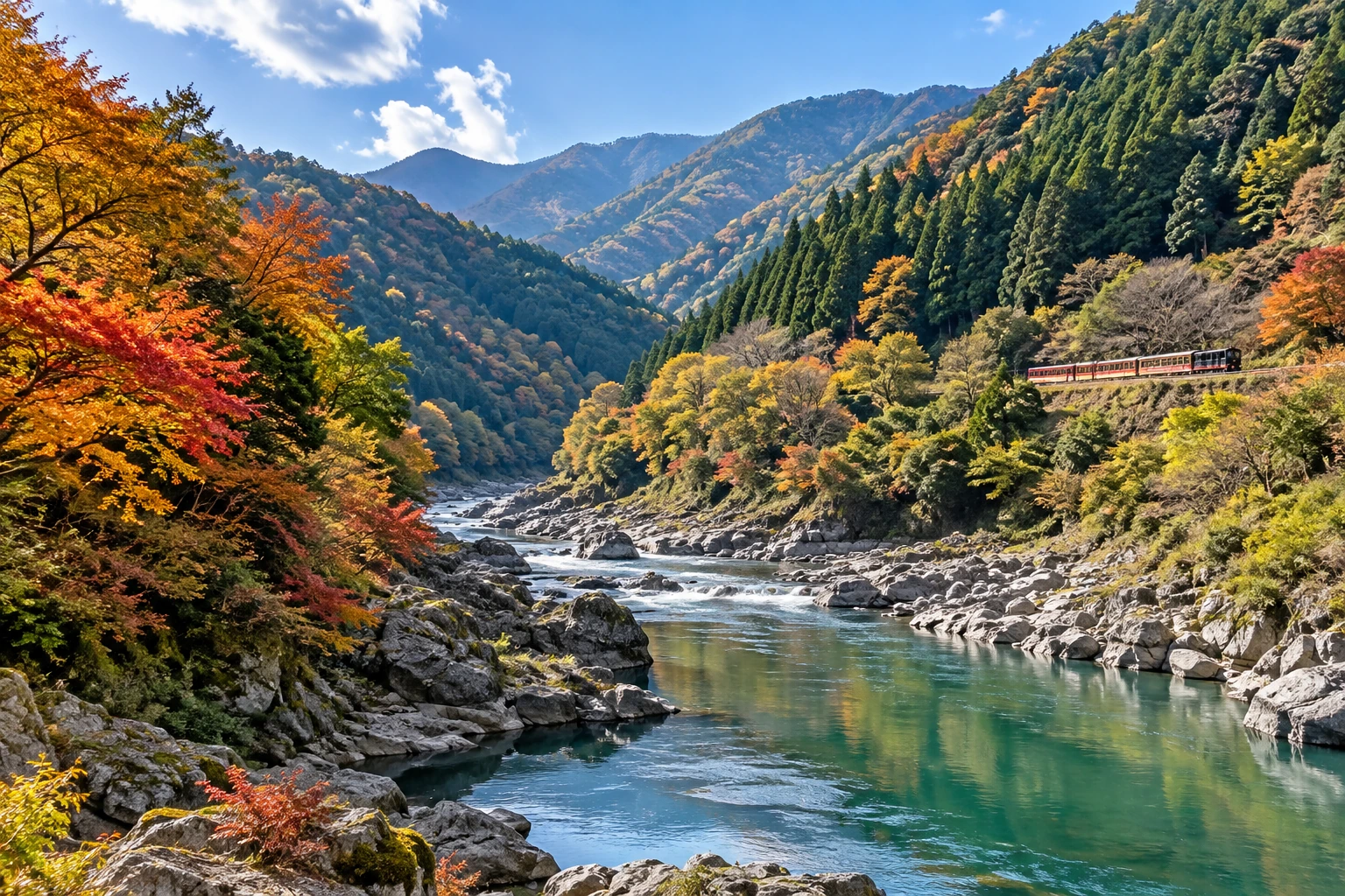 가상의 산골 강과 숲, 멀리 작은 관광 열차를 배치한 AI 여행 개념 이미지