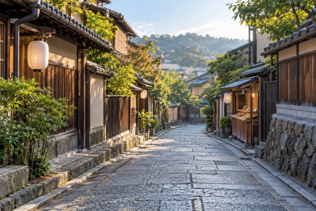 아침빛 아래 익명의 일본 골목과 빈 진열대를 표현한 AI 생성 개념 이미지